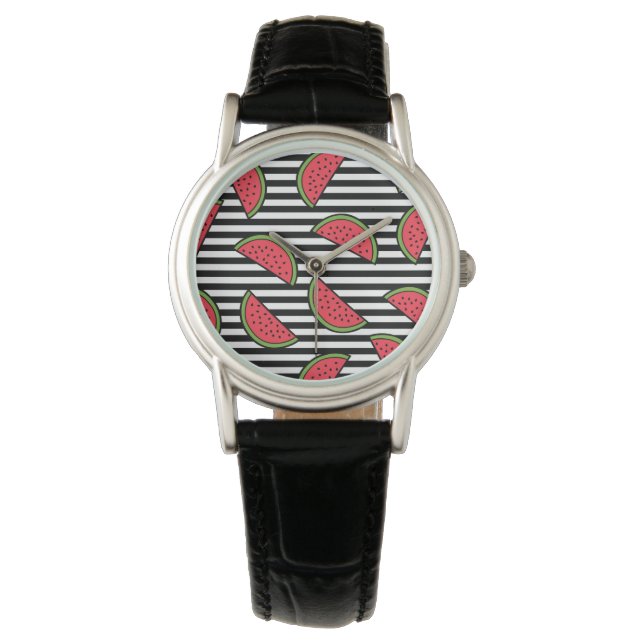 Watermelon on Black & White Stripes Pattern Watch (Front)