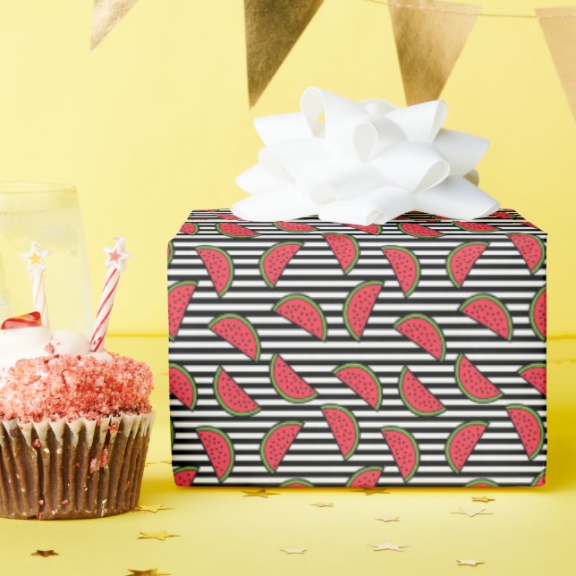 Watermelon on Black & White Stripes Pattern Wrapping Paper (Birthday Party)