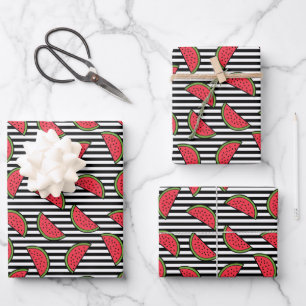 Watermelon on Black & White Stripes Pattern Wrapping Paper Sheet