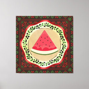 watermelon on olive plate with Palestinian tatreez Canvas Print