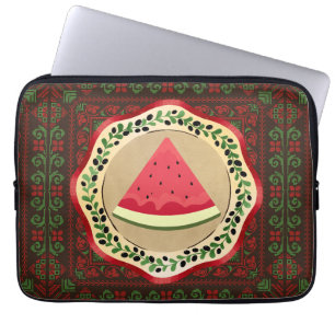 watermelon on olive plate with Palestinian tatreez Laptop Sleeve