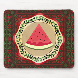 watermelon on olive plate with Palestinian tatreez Mouse Mat