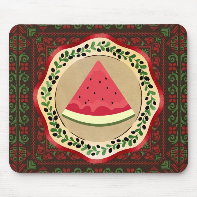 watermelon on olive plate with Palestinian tatreez Mouse Mat (Front)