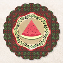 watermelon on olive plate with Palestinian tatreez