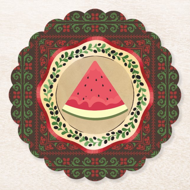 watermelon on olive plate with Palestinian tatreez Paper Coaster (Front)