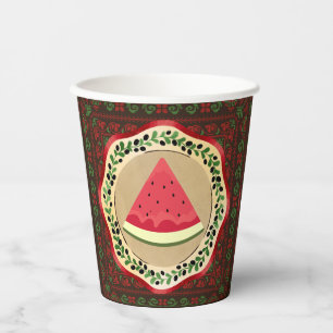 watermelon on olive plate with Palestinian tatreez Paper Cups