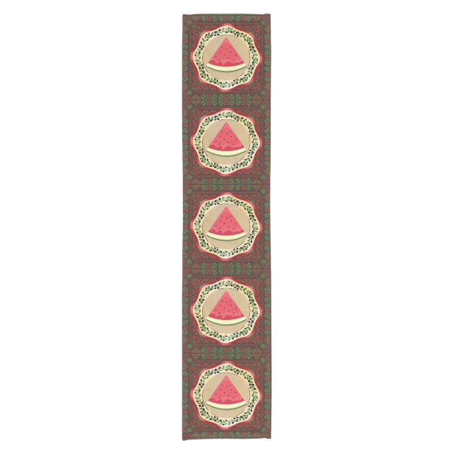 watermelon on olive plate with Palestinian tatreez Short Table Runner (Front)