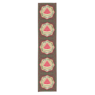 watermelon on olive plate with Palestinian tatreez Short Table Runner