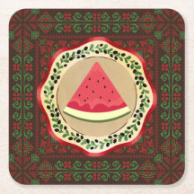 watermelon on olive plate with Palestinian tatreez