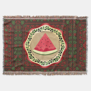 watermelon on olive plate with Palestinian tatreez Throw Blanket