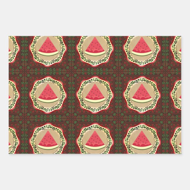 watermelon on olive plate with Palestinian tatreez Wrapping Paper Sheet (Front)