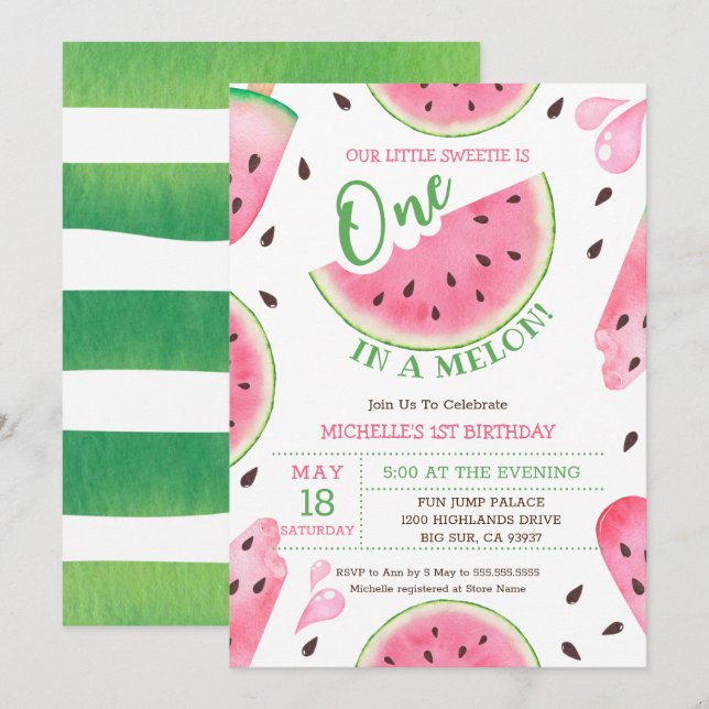 Watermelon One In A Melon 1st Birthday Invitation (Front/Back)