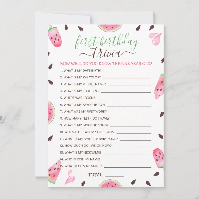 Watermelon One In A Melon 1st Birthday Trivia Game Holiday Card (Front)