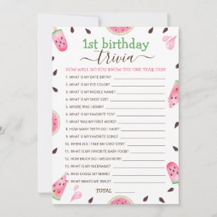 Watermelon One In A Melon 1st Birthday Trivia Game Holiday Card