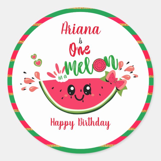Watermelon One in a Melon Girl's First Birthday  Classic Round Sticker (Front)