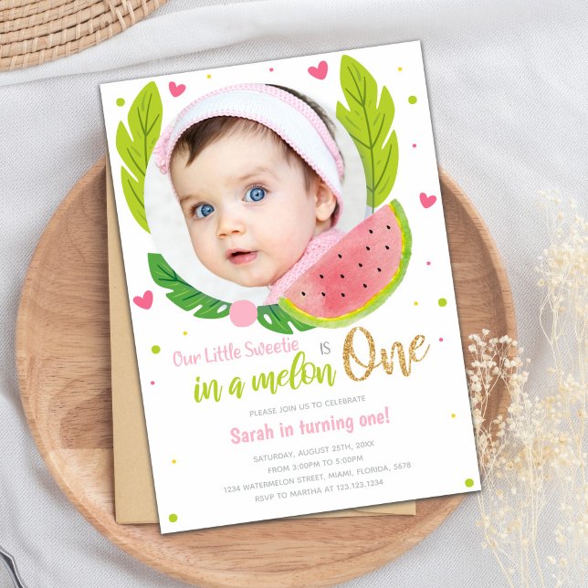 Watermelon, One in a melon invitation with photo (Watermelon Birthday Invitations with photo)