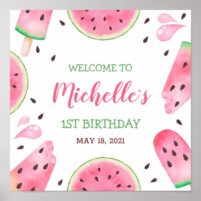 Watermelon One in a Melon Welcome 1st Birthday  Poster (Front)