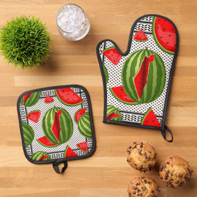 Watermelon Palestine Map Slice Oven Mitt & Pot Holder Set (Top Down)