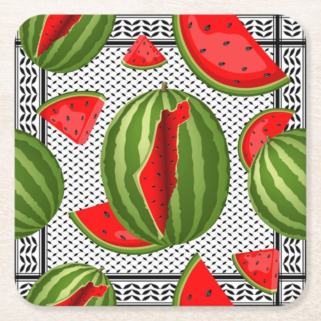 Watermelon Palestine Map Slice Square Paper Coaster (Front)