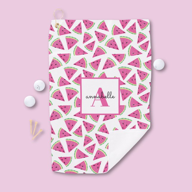 Watermelon Pattern Monogram Pink Golf Towel (Watermelon pattern personalized golf towel)