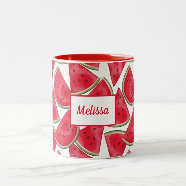 Watermelon pattern with custom name Two-Tone coffee mug (Center)