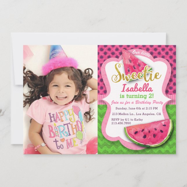 Watermelon Photo Girls Birthday Party Invitation (Front)