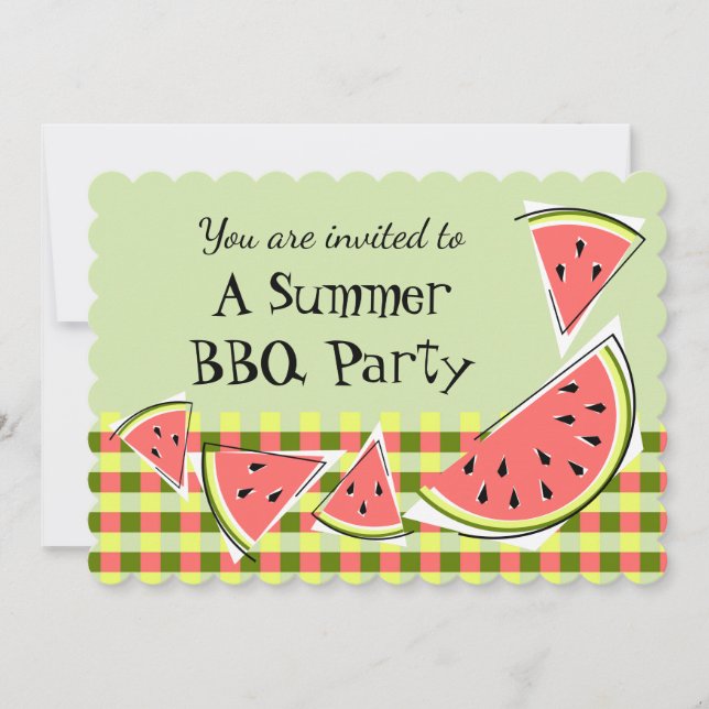 Watermelon Pieces Green Summer BBQ check Invitation (Front)
