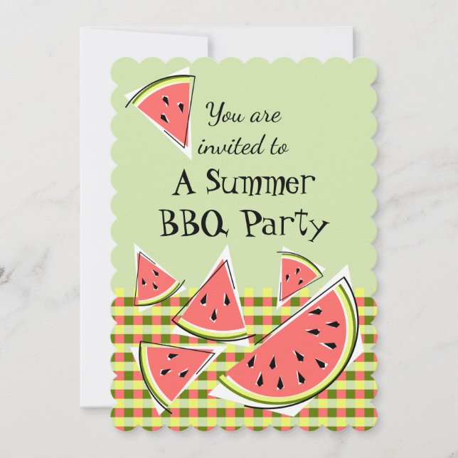 Watermelon Pieces Green Summer BBQ check vertical Invitation (Front)