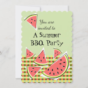 Watermelon Pieces Green Summer BBQ check vertical Invitation