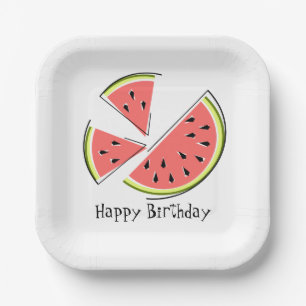 Watermelon Pieces Happy Birthday square Paper Plate