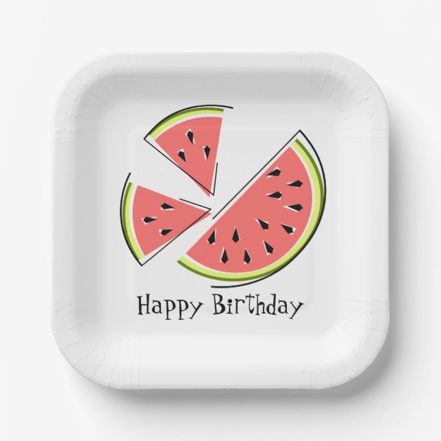 Watermelon Pieces Happy Birthday square Paper Plate (Front)