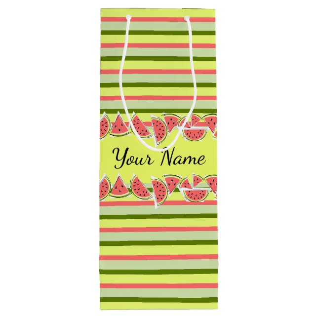 Watermelon Pieces Stripe Classic Name Wine Gift Bag (Back)