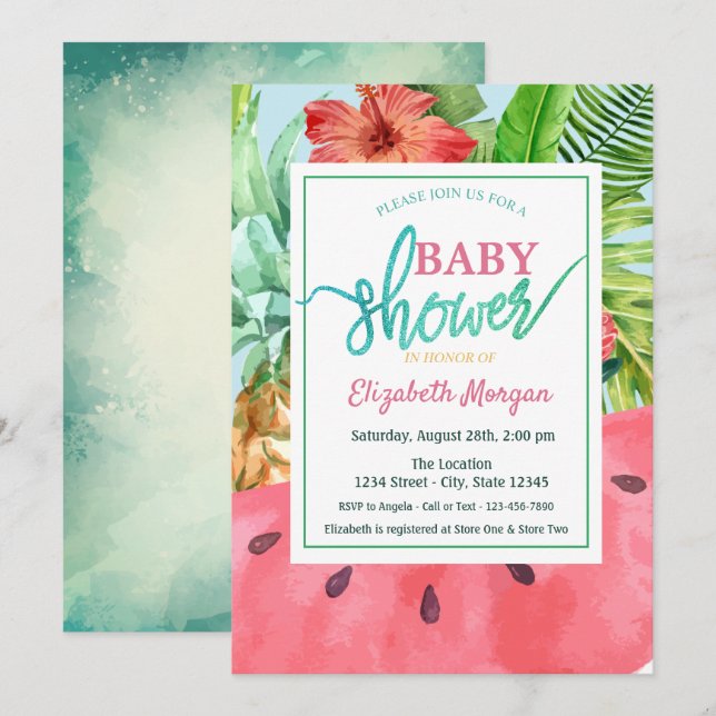 Watermelon, Pineapple Palm Leaves Baby Shower Invitation (Front/Back)