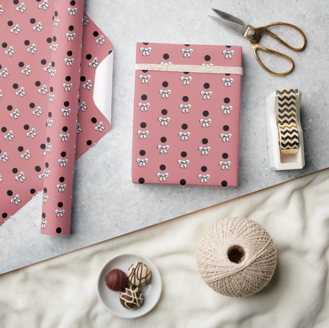 Watermelon Pink and Black Polka Dots & White Bows Wrapping Paper (Crafts)
