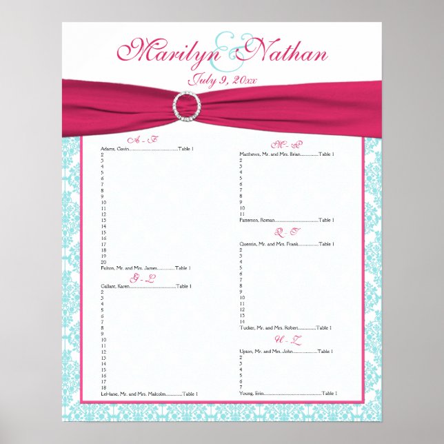 Watermelon Pink and Blue Seating Plan Chart (Front)