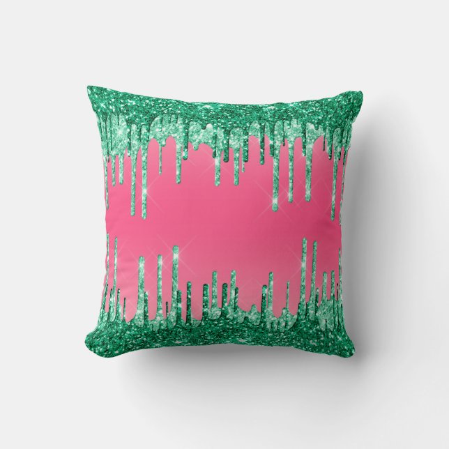 Watermelon Pink and Green Dripping Glitter Shiny Cushion (Front)