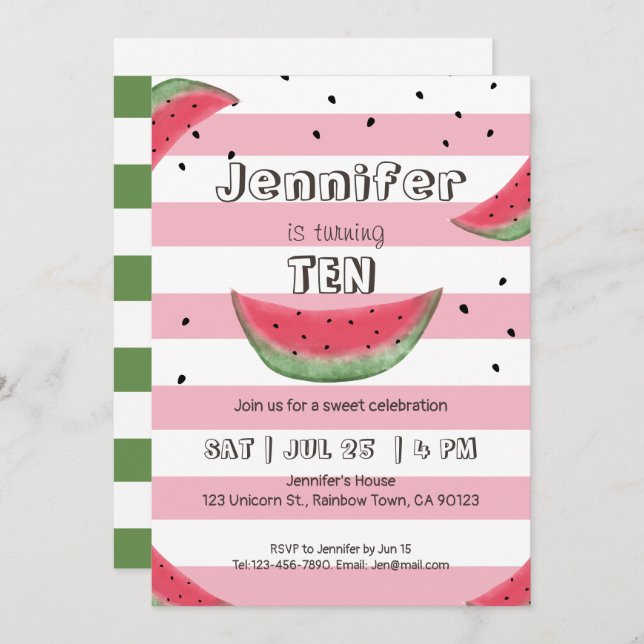 Watermelon pink birthday invitations (Front/Back)