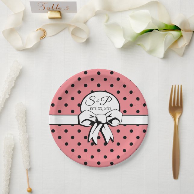 Watermelon Pink Black Dots White Bow Personalised Paper Plate (Wedding)
