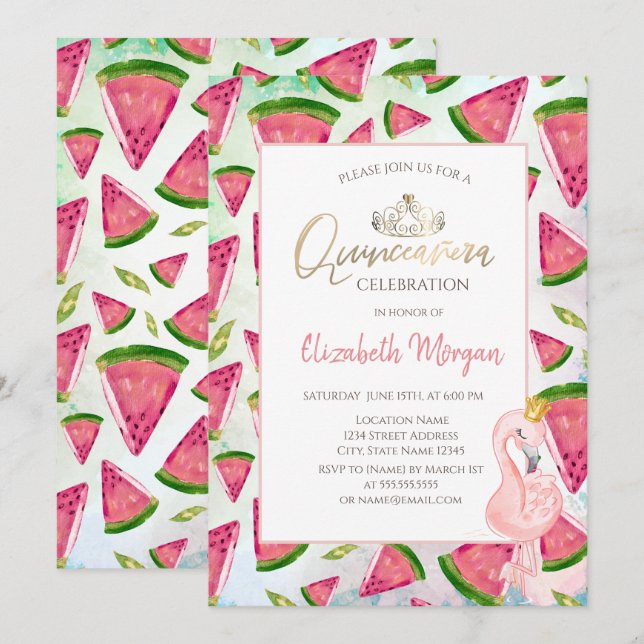  Watermelon Pink Flamingos Quinceañera Invitation (Front/Back)