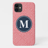 Watermelon Pink Greek Key Pattern Navy Monogram