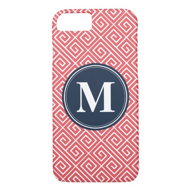 Watermelon Pink Greek Key Pattern Navy Monogram Case-Mate iPhone Case (Back)