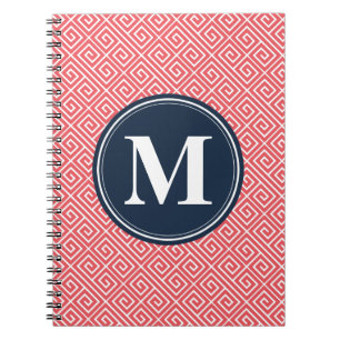 Watermelon Pink Greek Key Pattern Navy Monogram Notebook