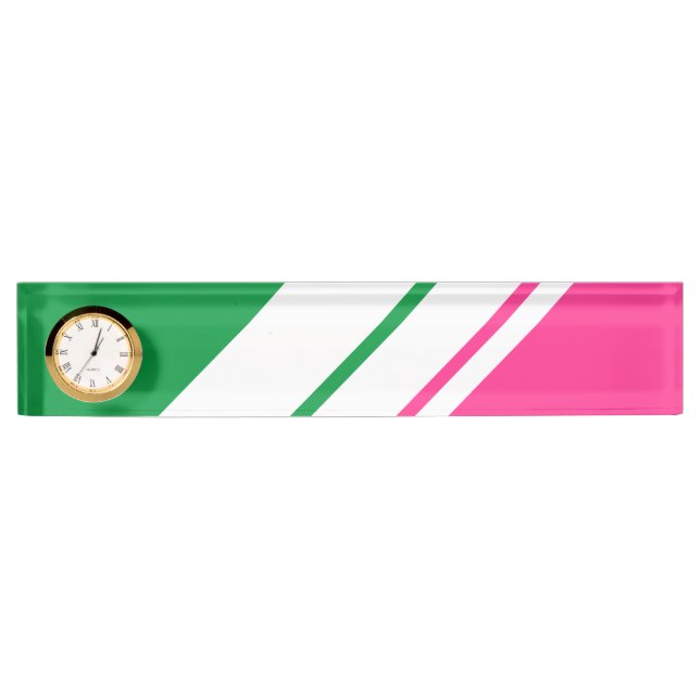 Watermelon Pink Green White Racing Stripes Clock Nameplate (Front)