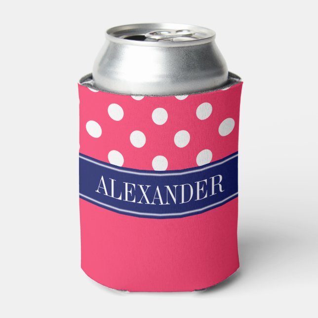 Watermelon Pink LG Polka Dot CB Navy Name Monogram Can Cooler (Can Front)
