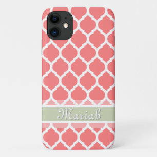 Watermelon Pink & Light Mint Lattice Custom Name iPhone 11 Case