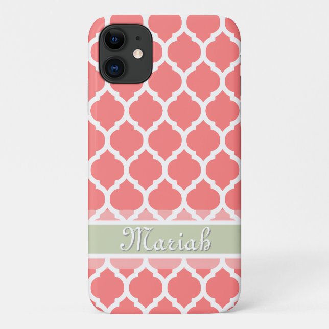 Watermelon Pink & Light Mint Lattice Custom Name Case-Mate iPhone Case (Back)