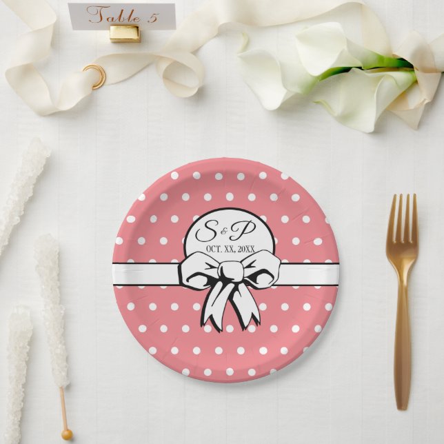 Watermelon Pink White Polka Dots Bow Personalised Paper Plate (Wedding)
