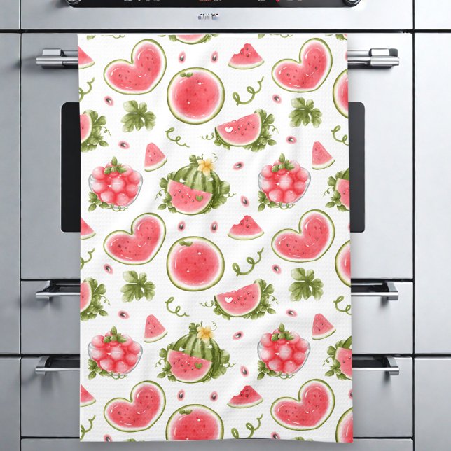 Watermelon Pink White Summer Tea Towel (Watermelon Pink White Summer Kitchen Towel)
