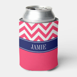 Watermelon Pink Wht LG Chevron Navy Name Monogram Can Cooler