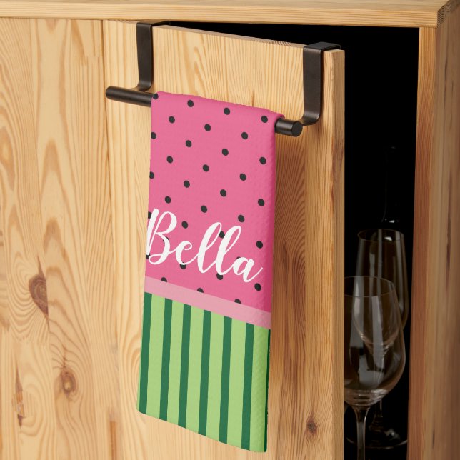 Watermelon - Polka Dots and Stripes  Tea Towel (Thirds Fold)